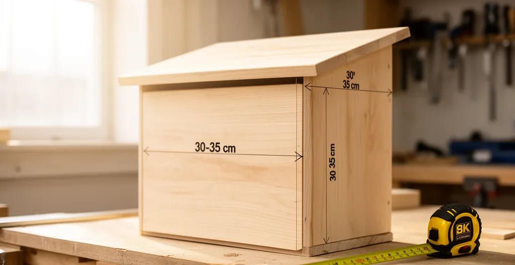 Pondoir en bois avec dimensions visibles montrant un espace de 30-35 cm de côté