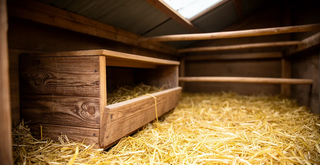 Intérieur de poulailler montrant un pondoir en bois positionné dans un coin sombre et calme