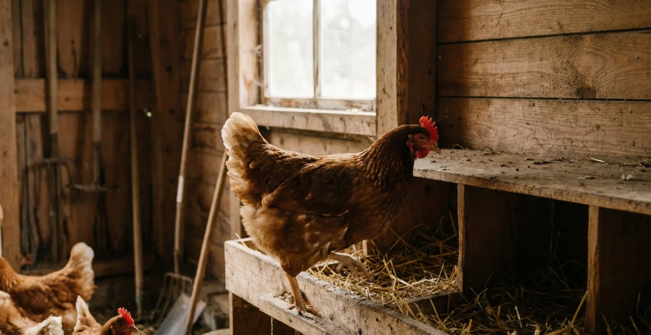 Poule rousse franchissant l'entrée d'un pondoir en bois garni de paille dans un poulailler