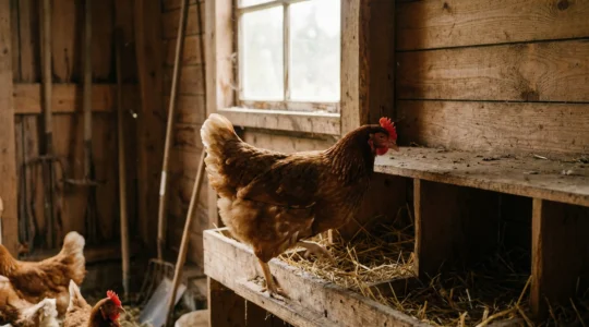 Poule rousse franchissant l'entrée d'un pondoir en bois garni de paille dans un poulailler