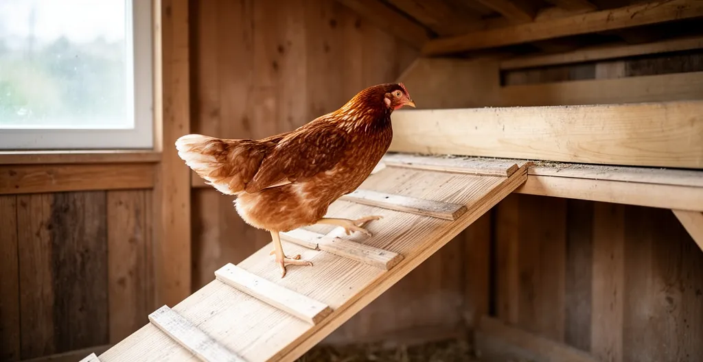 Poule brune montant une rampe en bois menant à un pondoir surélevé dans un poulailler